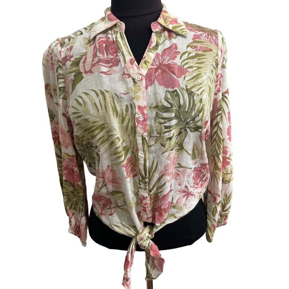 Larry Levine Women's Linen Blend Button Down Floral Front Tie Blouse Small